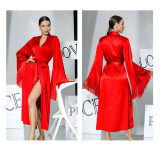 Women V-Neck Tie-Up Tassel Bell Bottom Sleeve Robe