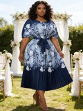 Plus Size African Women Pleated Short-Sleeve Elegant Maxi Dress