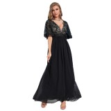 Women Black V-Neck Patchwork Party Dress