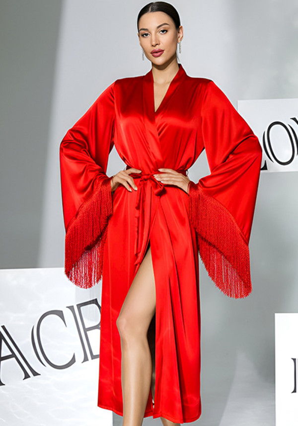 Women V-Neck Tie-Up Tassel Bell Bottom Sleeve Robe