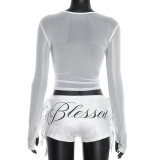 Women Round Neck Long-Sleeved Letter Print T-Shirt Blessed Shorts Two-Piece Set