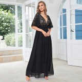 Women Black V-Neck Patchwork Party Dress