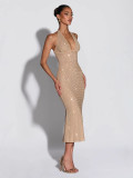 Women Sexy V-Neck Halter Neck Lace-Up Beaded Mesh Maxi Dresses