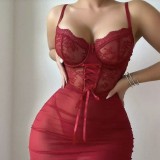 Women Sexy Lace See-Through Nightgown Thong Lingerie Two-Piece Set
