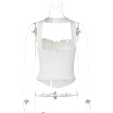 Women Summer Sexy Strapless Solid Patchwork Lace Halter Neck Top