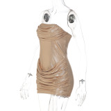 Women Shiny Sexy Strapless Ruffled Bodycon Dress