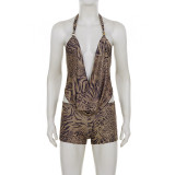 Women V-Neck Leopard Print Tie-Up Halter Neck Top and Shorts Two-Piece Set