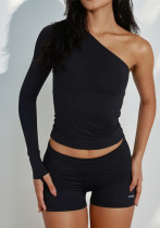 Women Sexy Slash Shoulder Long-Sleeve Top and Shorts Two-Piece Set Women Sexy Slash Shoulder Long-Sleeve Top and Shorts Two-Piece Set