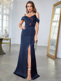 Women Camisole Slit Navy Blue Sequined Formal Party Dress