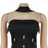 Women Elegant Strapless Beaded Ribbon Dress Two-Piece Set