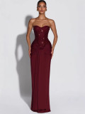 Women Sexy Lace-Up Sequined Beaded Strapless Herringbone Bodycon Dress