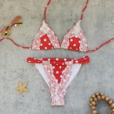 Women Sexy Lace Polka Dot Lace-Up Two Pieces Swimwear