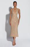 Women Sexy V-Neck Halter Neck Lace-Up Beaded Mesh Maxi Dresses