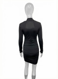 Women Spring Summer Long-Sleeve Bandeau Bodycon Dress with Metal Buckle Sexy V-Neck Bodycon Dress