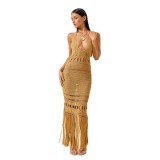 Women Solid Sexy Knitting Hollow-Out Beach Cover-Up Bikini Beach Dress