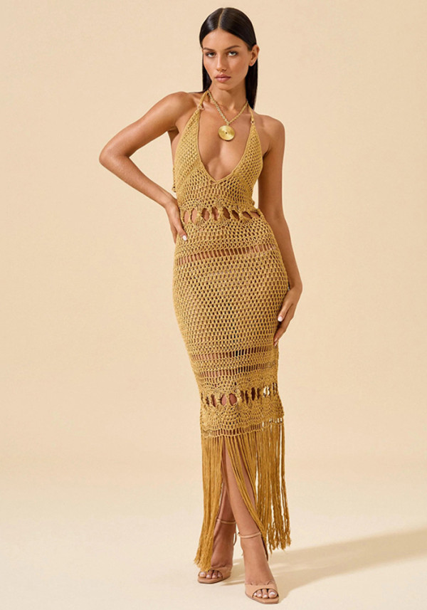 Women Solid Sexy Knitting Hollow-Out Beach Cover-Up Bikini Beach Dress