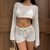 Women Solid Sexy Knitting Hollow-Out Beach Bikini Cover-Up Swimwear Two-Piece Set