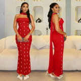Women Elegant Strapless Beaded Ribbon Dress Two-Piece Set