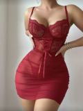 Women Sexy Lace See-Through Nightgown Thong Lingerie Two-Piece Set