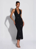 Women Sexy V-Neck Halter Neck Lace-Up Beaded Mesh Maxi Dresses