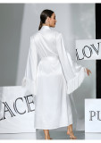 Women V-Neck Tie-Up Tassel Bell Bottom Sleeve Robe