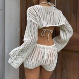 Women Solid Sexy Knitting Hollow-Out Beach Bikini Cover-Up Swimwear Two-Piece Set