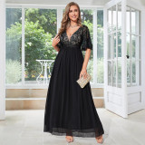 Women Black V-Neck Patchwork Party Dress