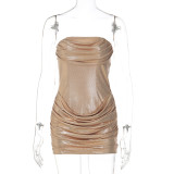 Women Shiny Sexy Strapless Ruffled Bodycon Dress