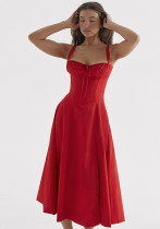 Women Summer Sexy Plunging Solid French Lace-Up Dress