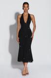 Women Sexy V-Neck Halter Neck Lace-Up Beaded Mesh Maxi Dresses
