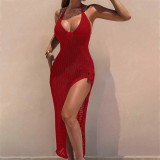 Women Solid Knitting Hollow-Out Beach Cover-Up Bikini Beach Dress