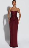 Women Sexy Lace-Up Sequined Beaded Strapless Herringbone Bodycon Dress