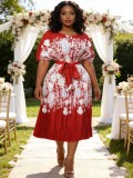 Plus Size African Women Pleated Short-Sleeve Elegant Maxi Dress
