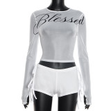 Women Round Neck Long-Sleeved Letter Print T-Shirt Blessed Shorts Two-Piece Set