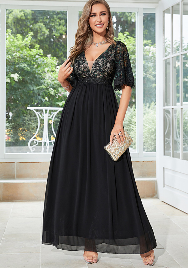 Women Black V-Neck Patchwork Party Dress