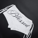 Women Round Neck Long-Sleeved Letter Print T-Shirt Blessed Shorts Two-Piece Set