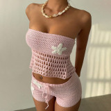 Women Solid Sexy Knitting Beach Dress Bikini Cover-Up Swimwear Two-Piece Set