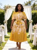 Plus Size African Women Pleated Short-Sleeve Elegant Maxi Dress
