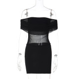 Women Spring Mesh Patchwork Sexy Off-Shoulder Bodycon Dress