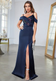 Women Camisole Slit Navy Blue Sequined Formal Party Dress