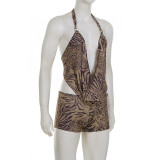 Women V-Neck Leopard Print Tie-Up Halter Neck Top and Shorts Two-Piece Set