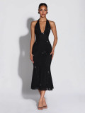 Women Sexy V-Neck Halter Neck Lace-Up Beaded Mesh Maxi Dresses