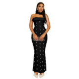 Women Elegant Strapless Beaded Ribbon Dress Two-Piece Set