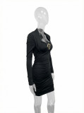 Women Spring Summer Long-Sleeve Bandeau Bodycon Dress with Metal Buckle Sexy V-Neck Bodycon Dress