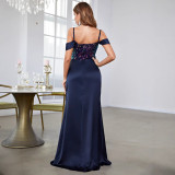 Women Camisole Slit Navy Blue Sequined Formal Party Dress