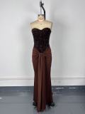 Women Sexy Lace-Up Sequined Beaded Strapless Herringbone Bodycon Dress