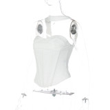 Women Summer Sexy Strapless Solid Patchwork Lace Halter Neck Top