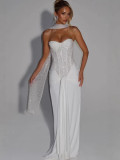 Women Sexy Lace-Up Sequined Beaded Strapless Herringbone Bodycon Dress