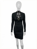 Women Spring Summer Long-Sleeve Bandeau Bodycon Dress with Metal Buckle Sexy V-Neck Bodycon Dress