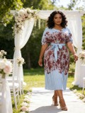 Plus Size African Women Pleated Short-Sleeve Elegant Maxi Dress